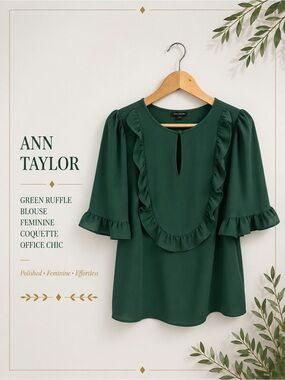 Ann Taylor Green Ruffle Blouse Feminine Coquette Office Chic Size S